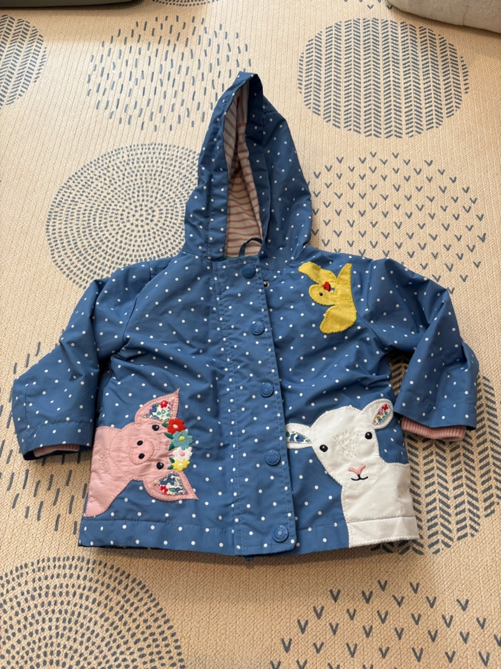 Baby Boden Blue Polka Dot Hooded Jacket with Animal Appliqués 9-12